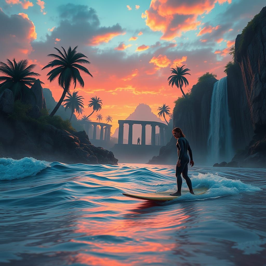 Surfer Goddess Rides Sunset Waves in a Fantastical Paradise