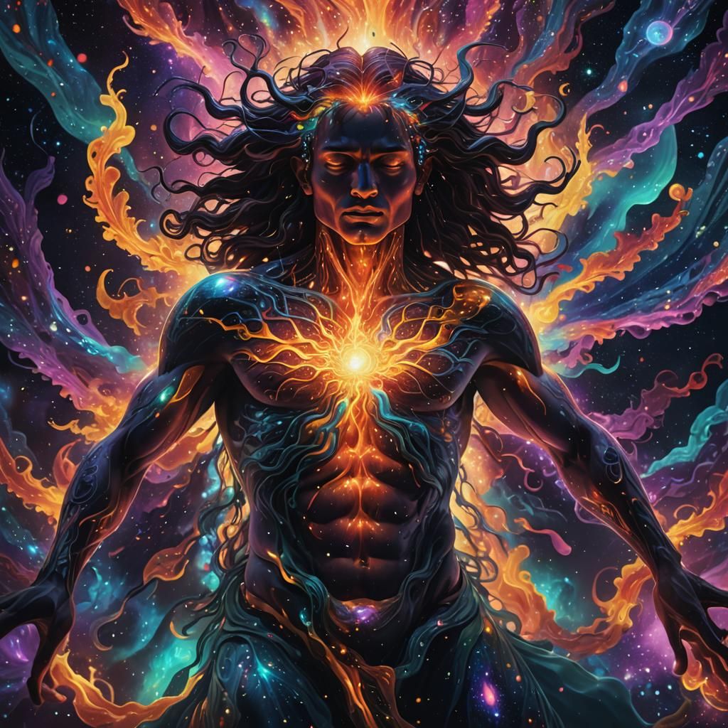 Dark Creature Emerges from Chest: Cosmic Astral Illustration