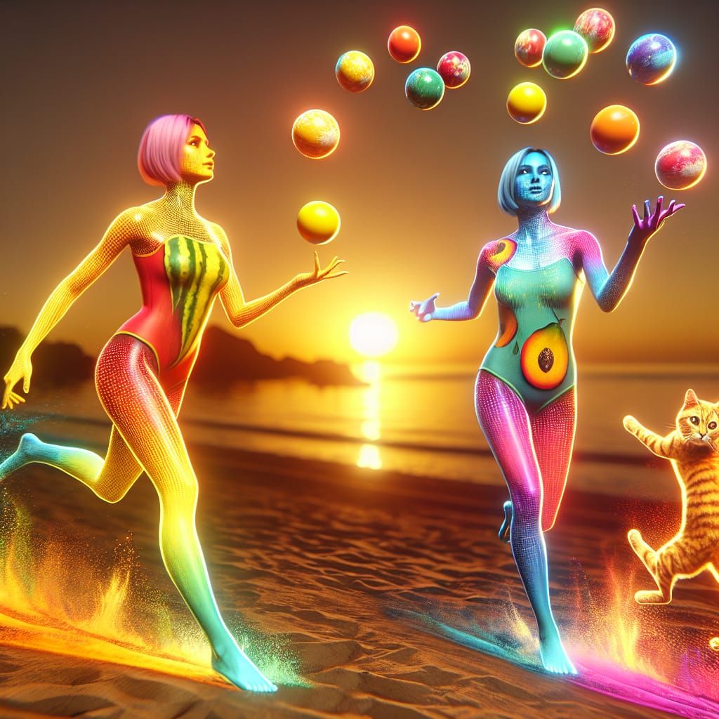 Holographic Women Juggle Colored Ice Cream in Sunset Beach S...