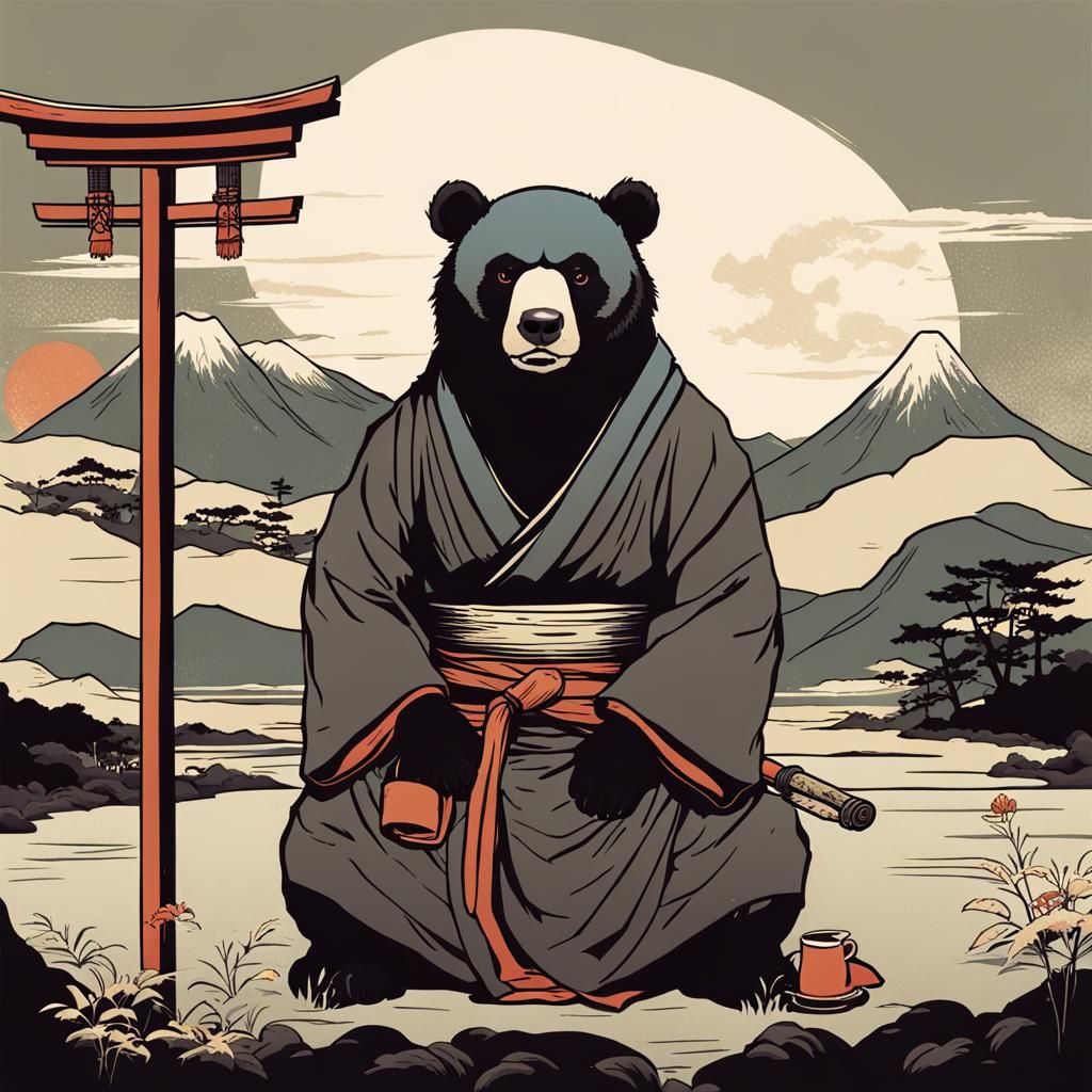 Monk Bear in Ukiyo-e Style