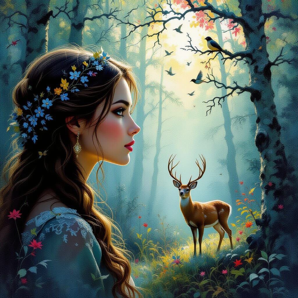 Enchanted Forest: Deer and Birds in Gouache Style