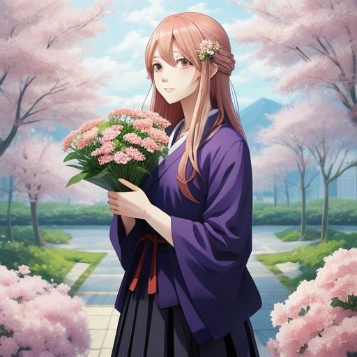 Anime Girl Holding Flowers in Manga Style