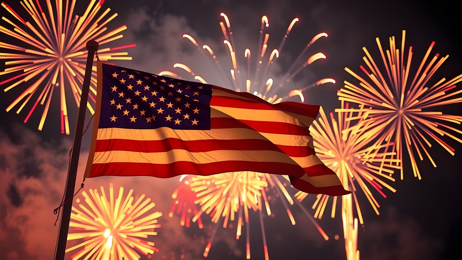 American Flag and Fireworks at Night