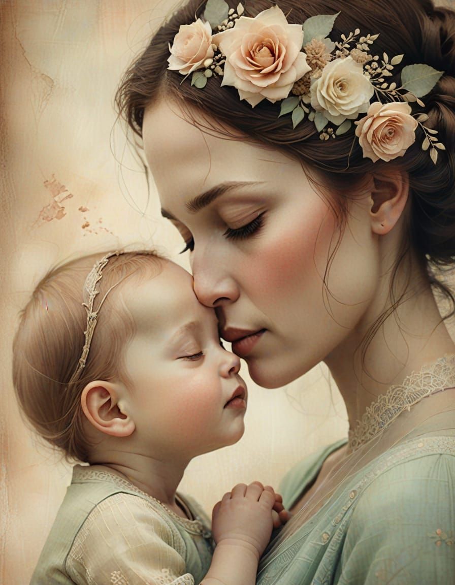 Mother's Tender Kiss on Baby's Forehead, Watercolor Texture