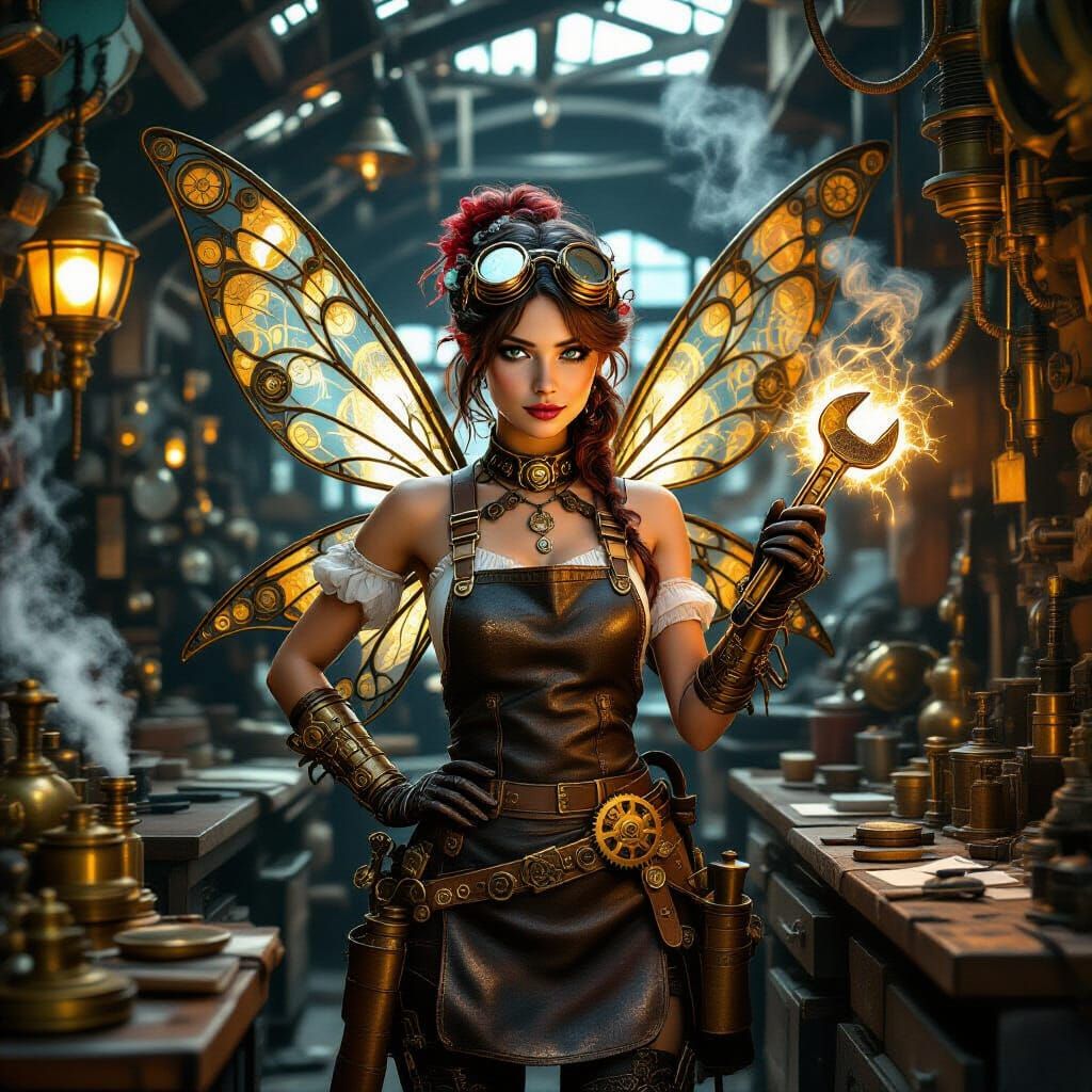 Steampunk Fairy Mechanic in Workshop