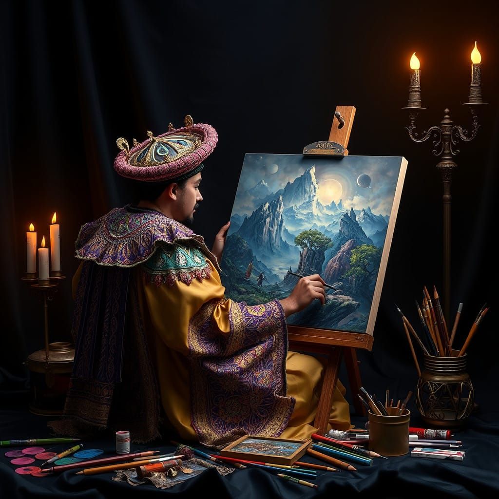 Fantastical Artist Immersed in Dreamlike Scene