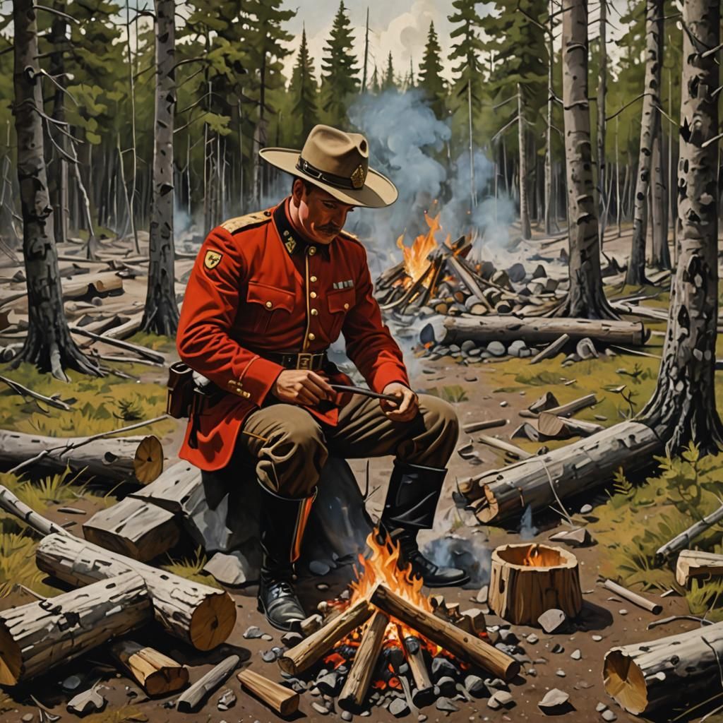 Canadian Mountie Building Campfire in Classical Style
