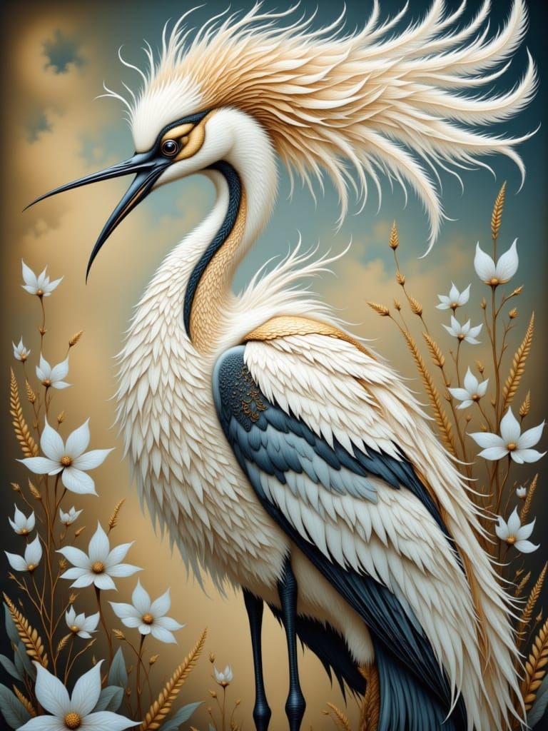 Majestic Bird with White and Black Feathers in Gouache Ink