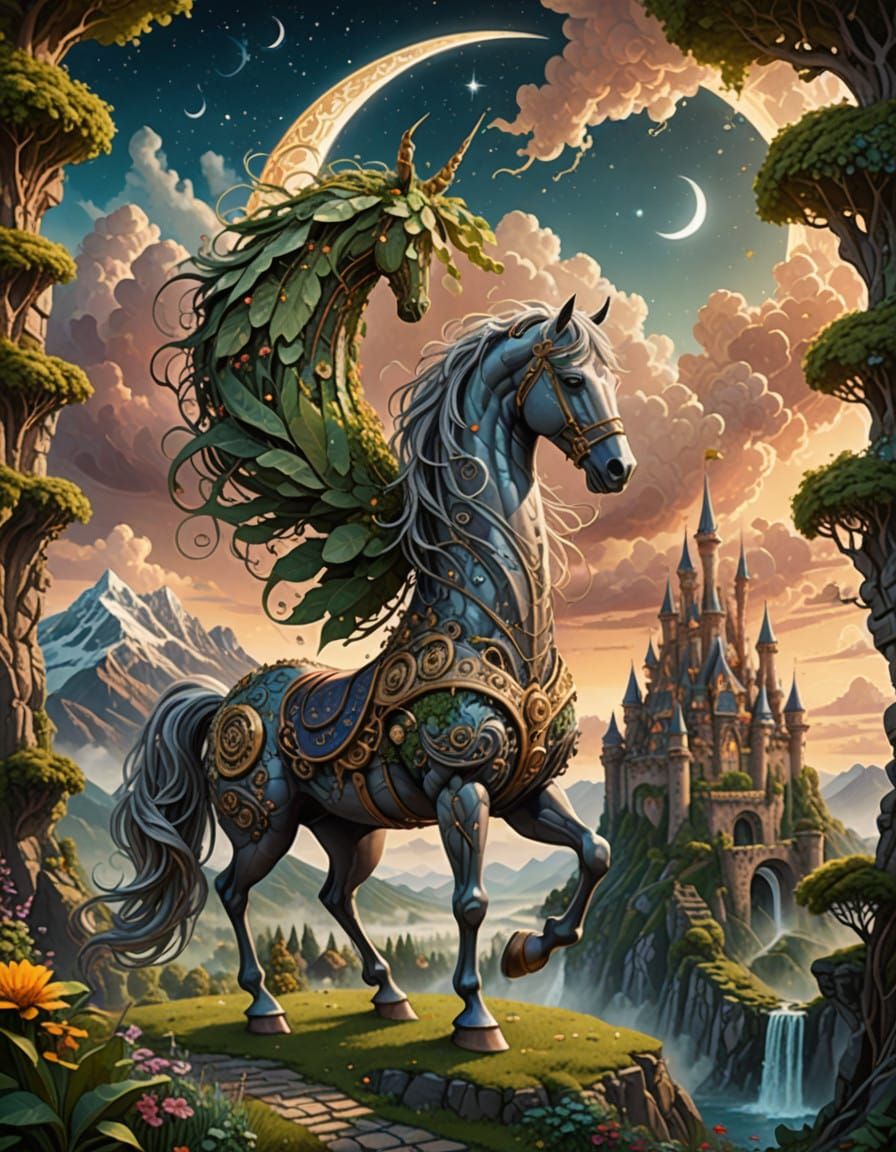 Ethereal Construct: Majestic Horse-Castle Steampunk Wonder
