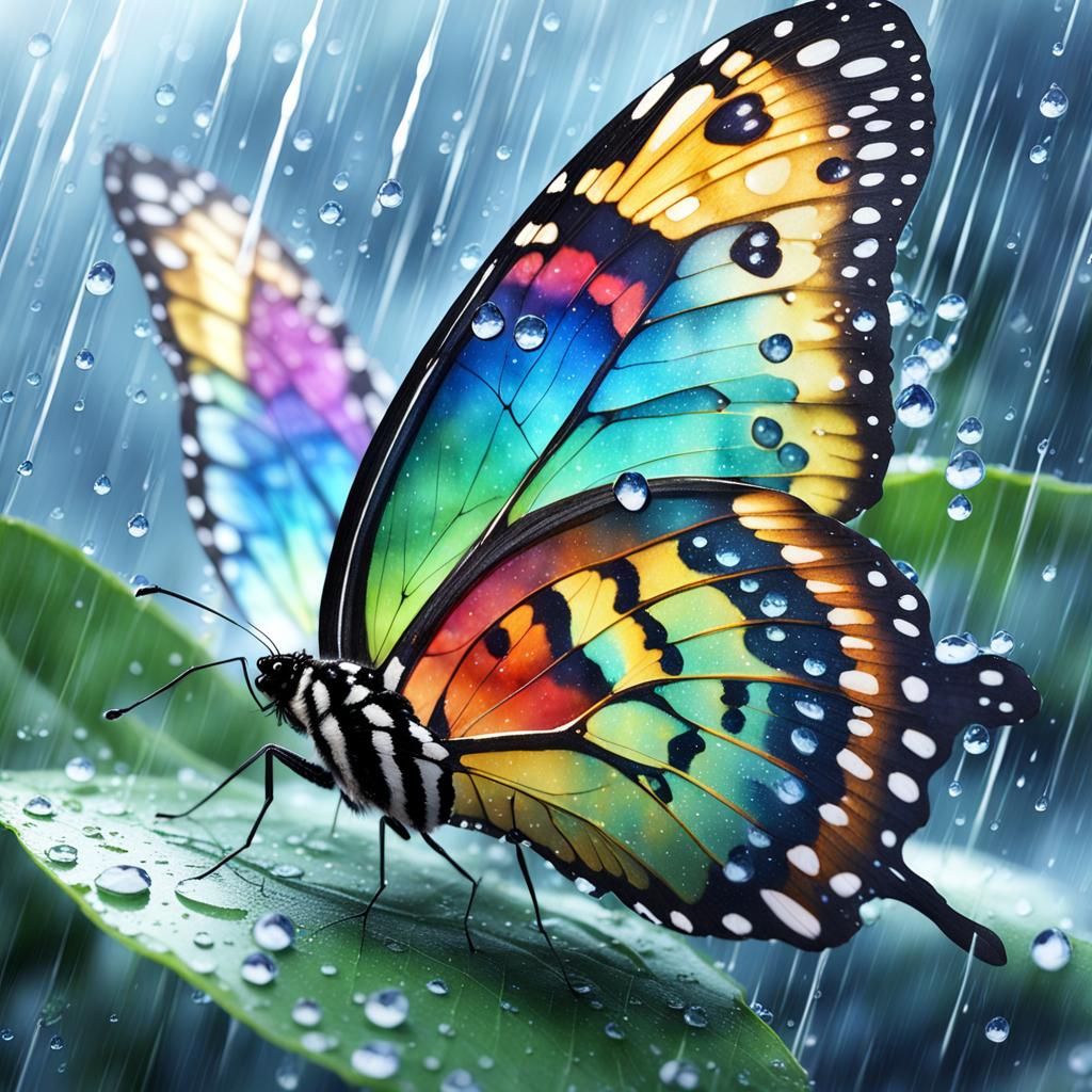 Rainbow Butterfly on Leaf in Rain, Watercolor Art