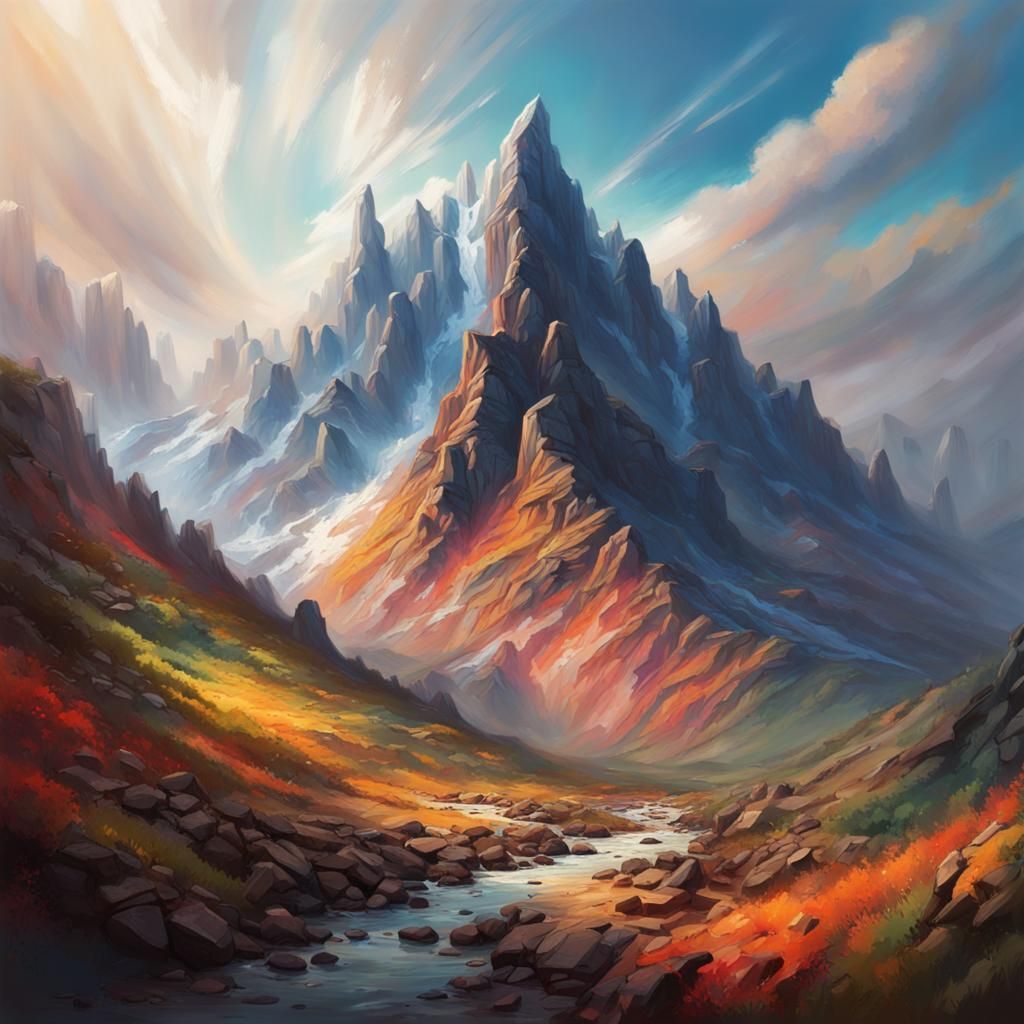 Hyperrealistic Mountain Concept Art with Dramatic Lighting
