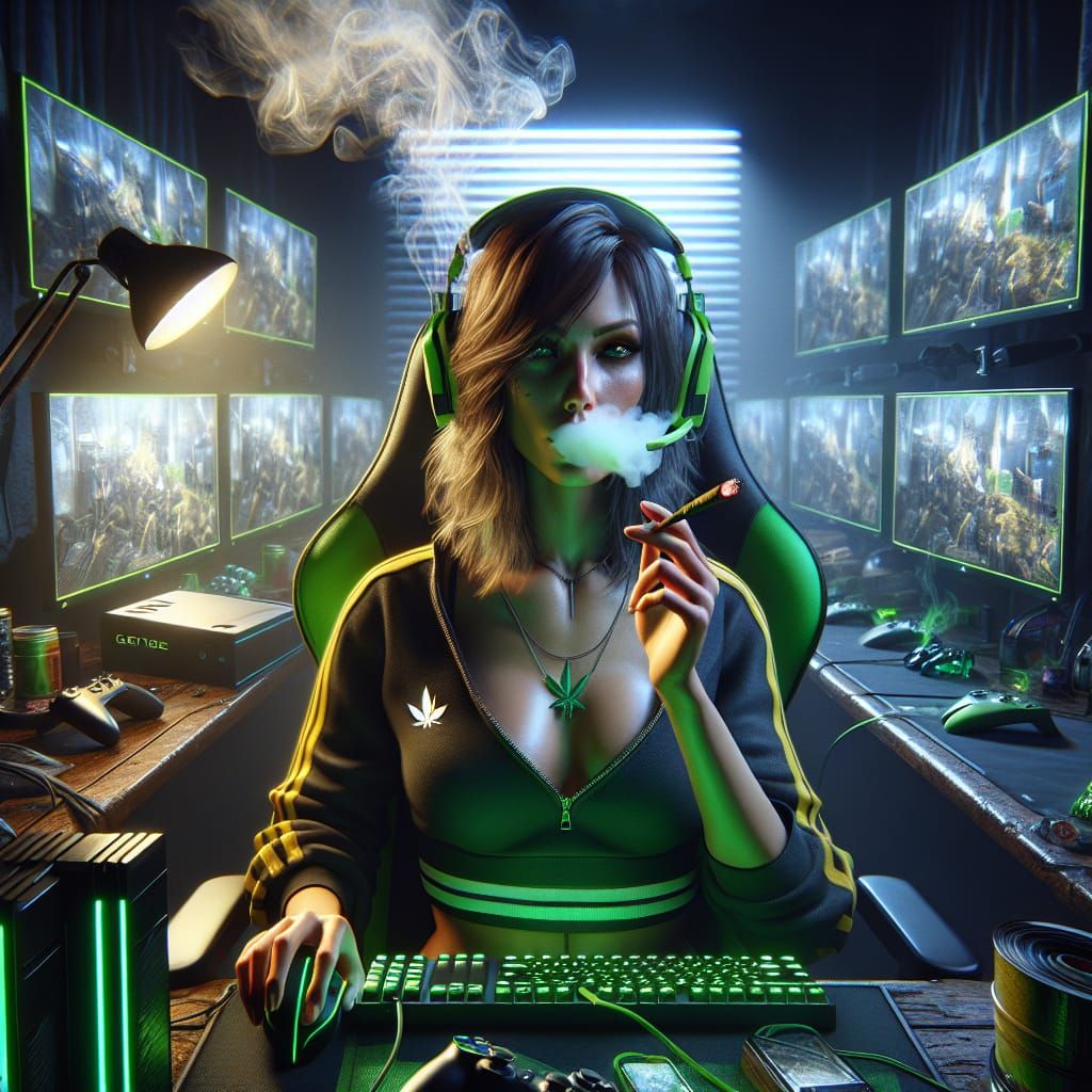 Hyperrealistic Gamer Girl in Colorful Lit Room