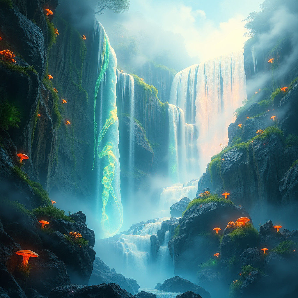Luminescent Waterfall Cascading Down Rocky Cliffside