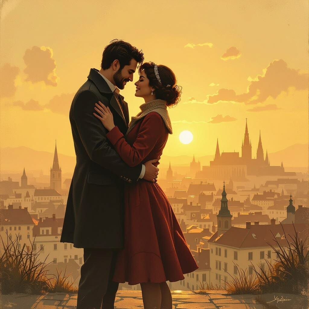 Vintage Couple Embrace in Romantic Cityscape