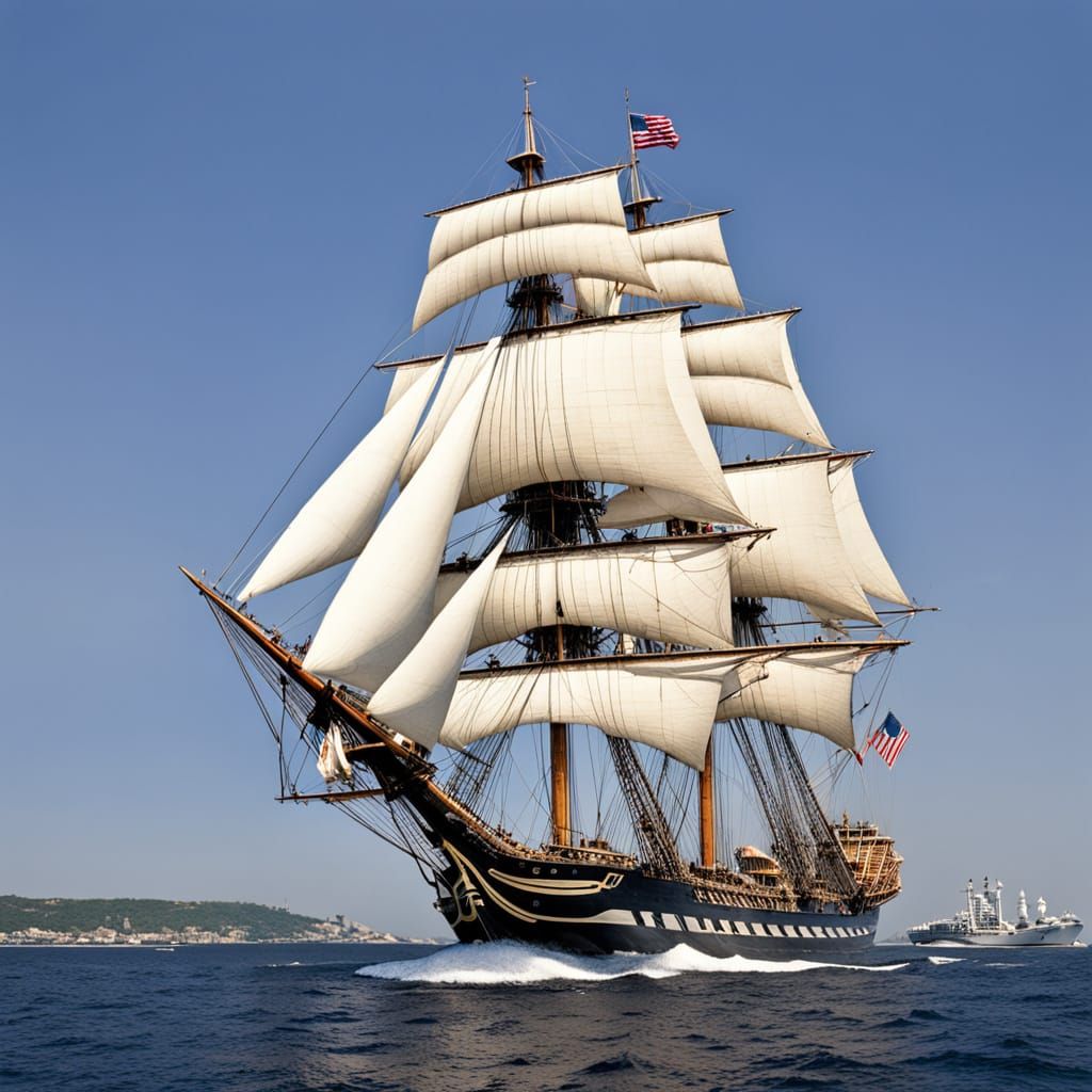 Historic American Sailing Warship at Full Sail with Cannons