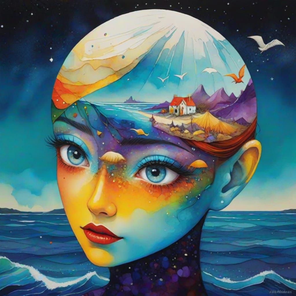 Surreal Seashore Scene in Whimsical Illustration Style