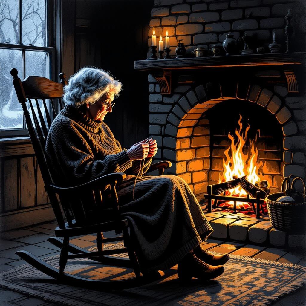 Eerie Grandma Knitting by Firelight in Haunting Ambiance