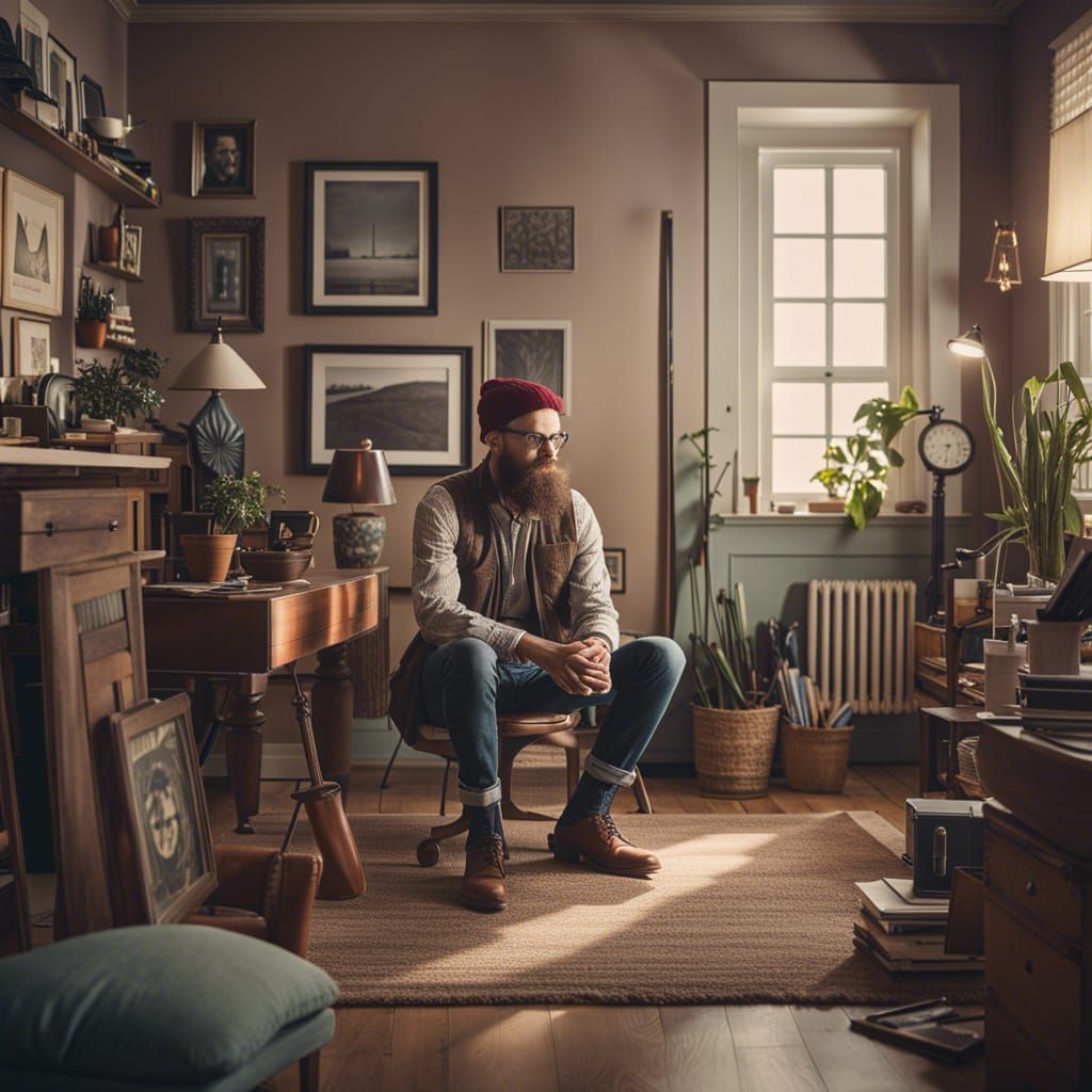 Artistic Portrait of a Hipster in His Home