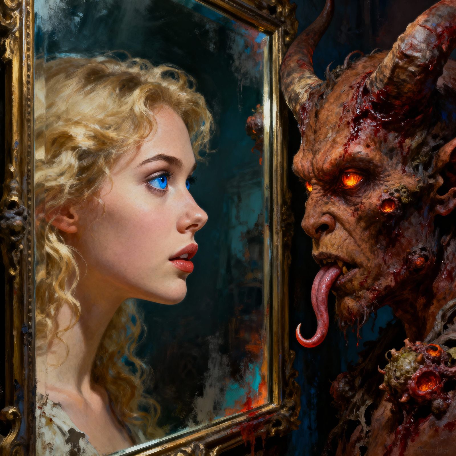 Woman's Mirror Encounter with a Hideous Demon