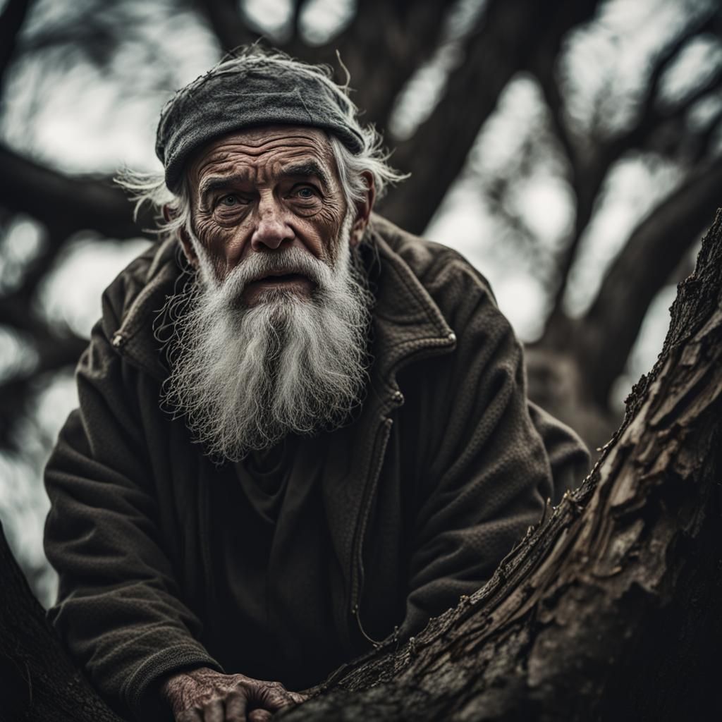 Creepy Old Man in Tree Nest Portrait