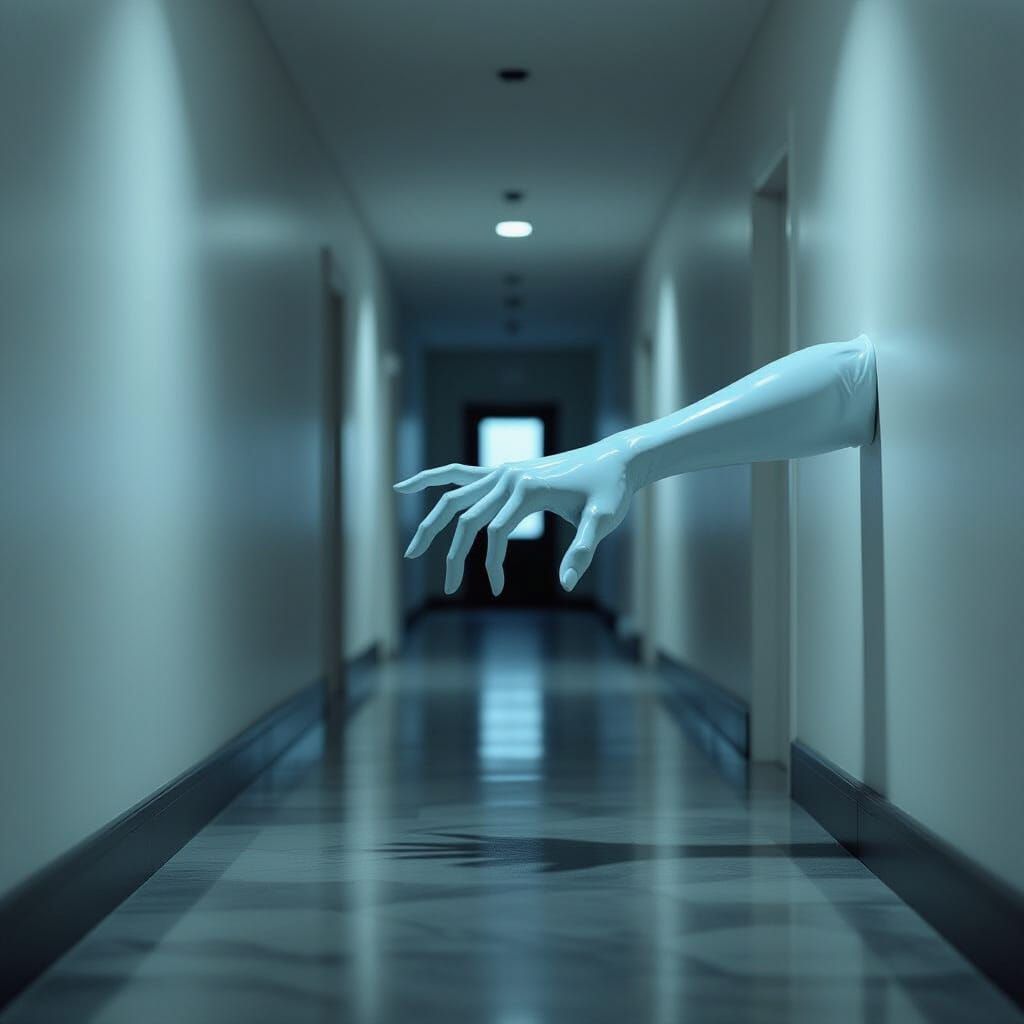 Spectral Hand Emerging from Dark Hallway in Low-Quality Rend...