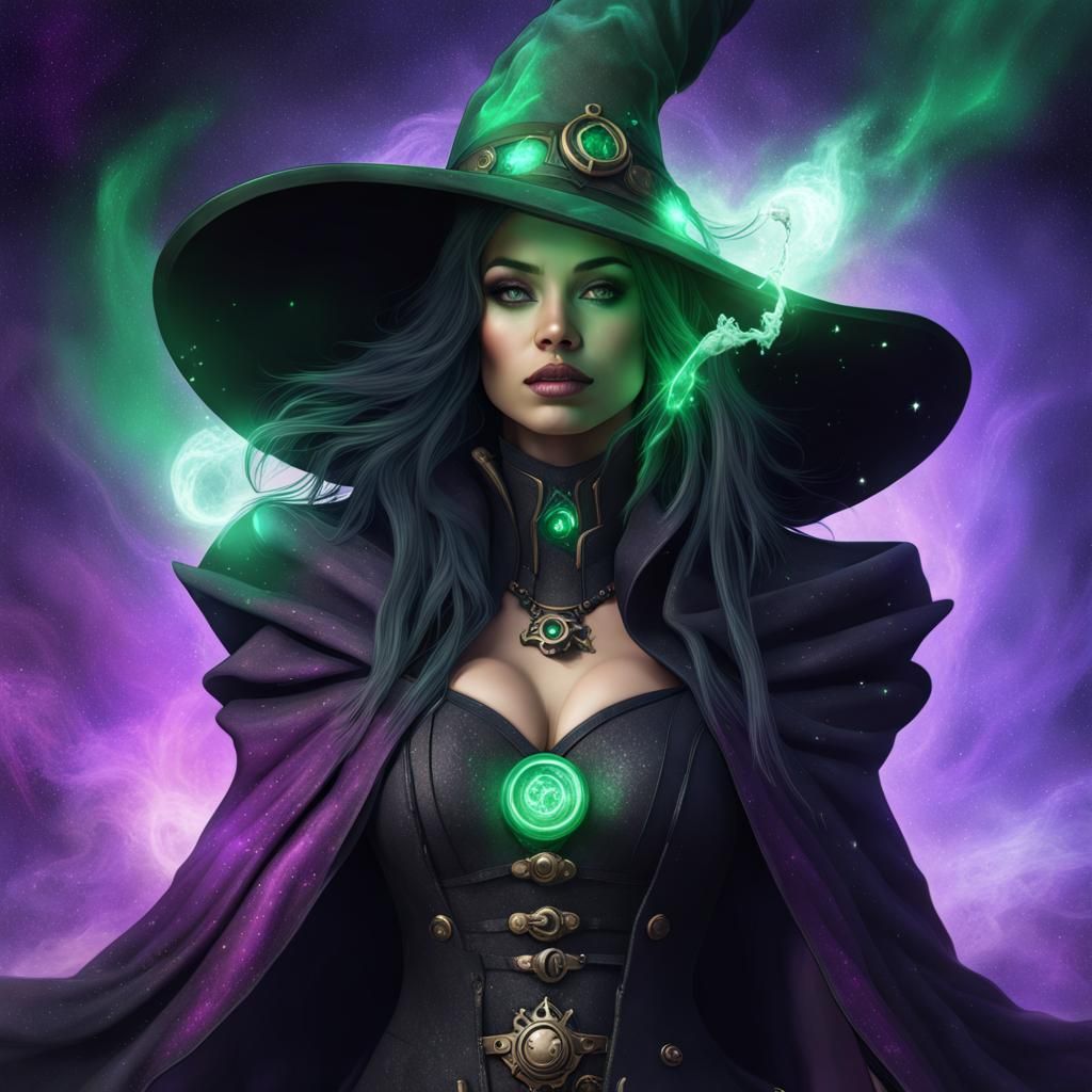 Cyberpunk Witch with Exploding Stars in Steampunk Style