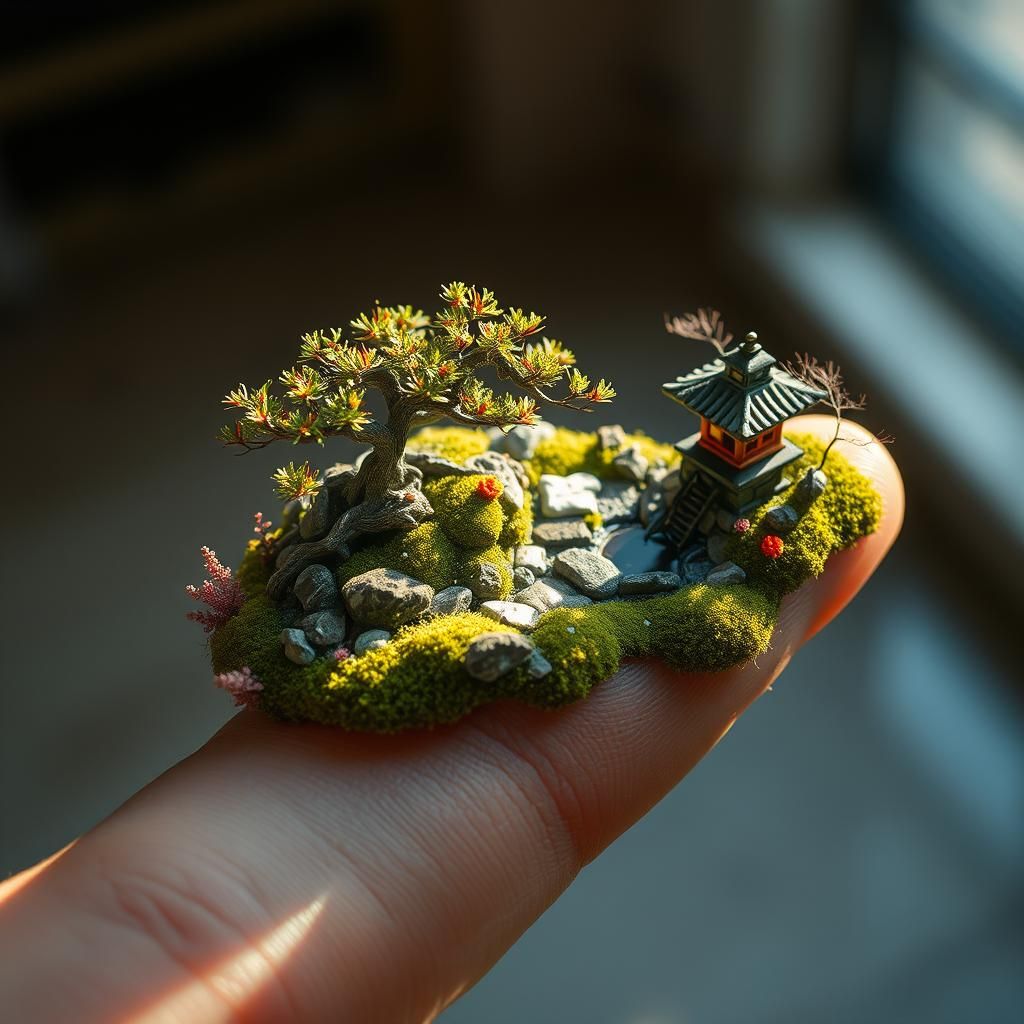 Surreal Miniature Zen Garden on a Finger