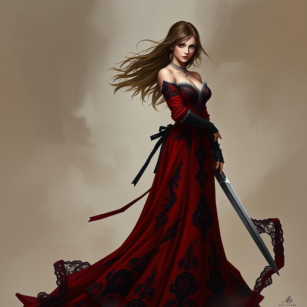 Female Knight Amara in Crimson Gown