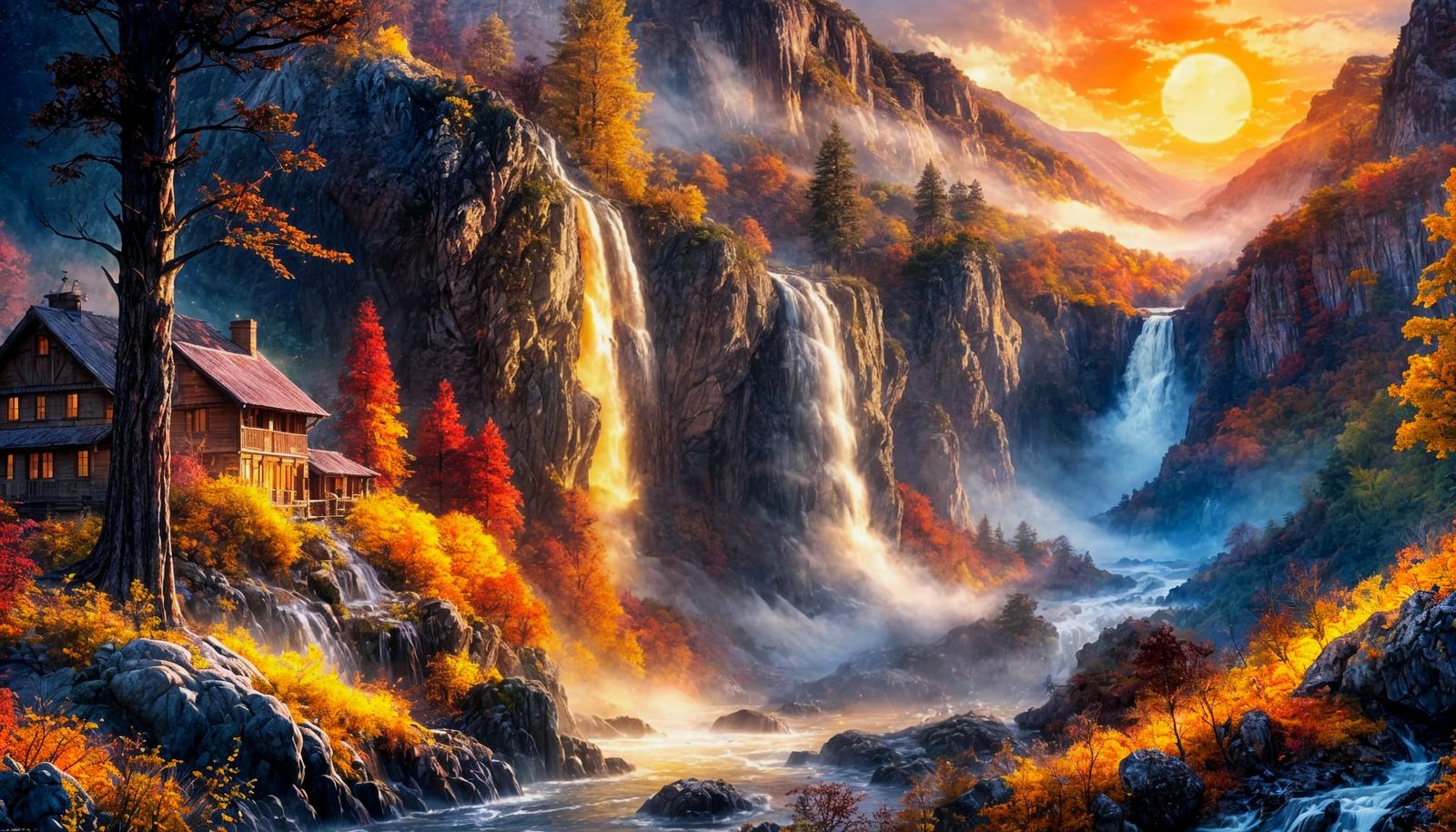 Autumn Waterfall Mist in Golden Sunset Light