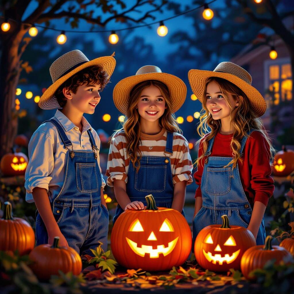 Halloween Party: Teen Farmers in Spooky, Festive Night Scene