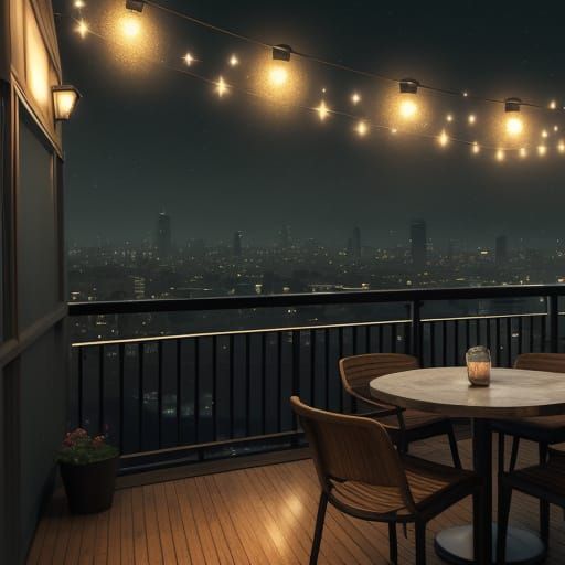 Cozy Balcony Coffee Corner at Night with City Views