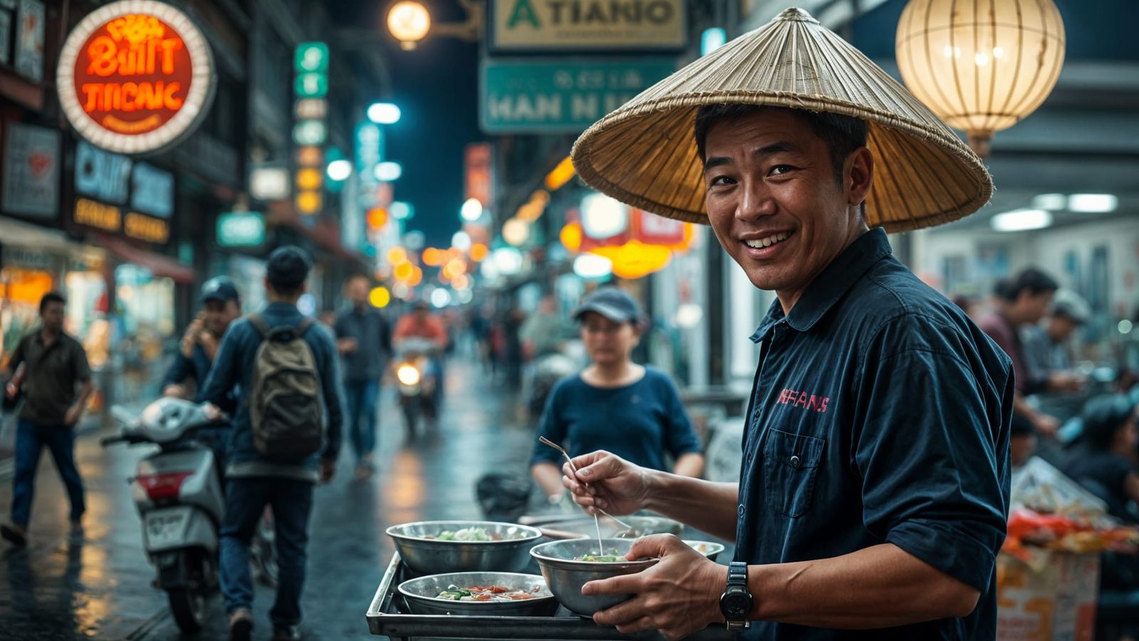 Pho Vendor in Hanoi at Night: Ultra Realistic 8K