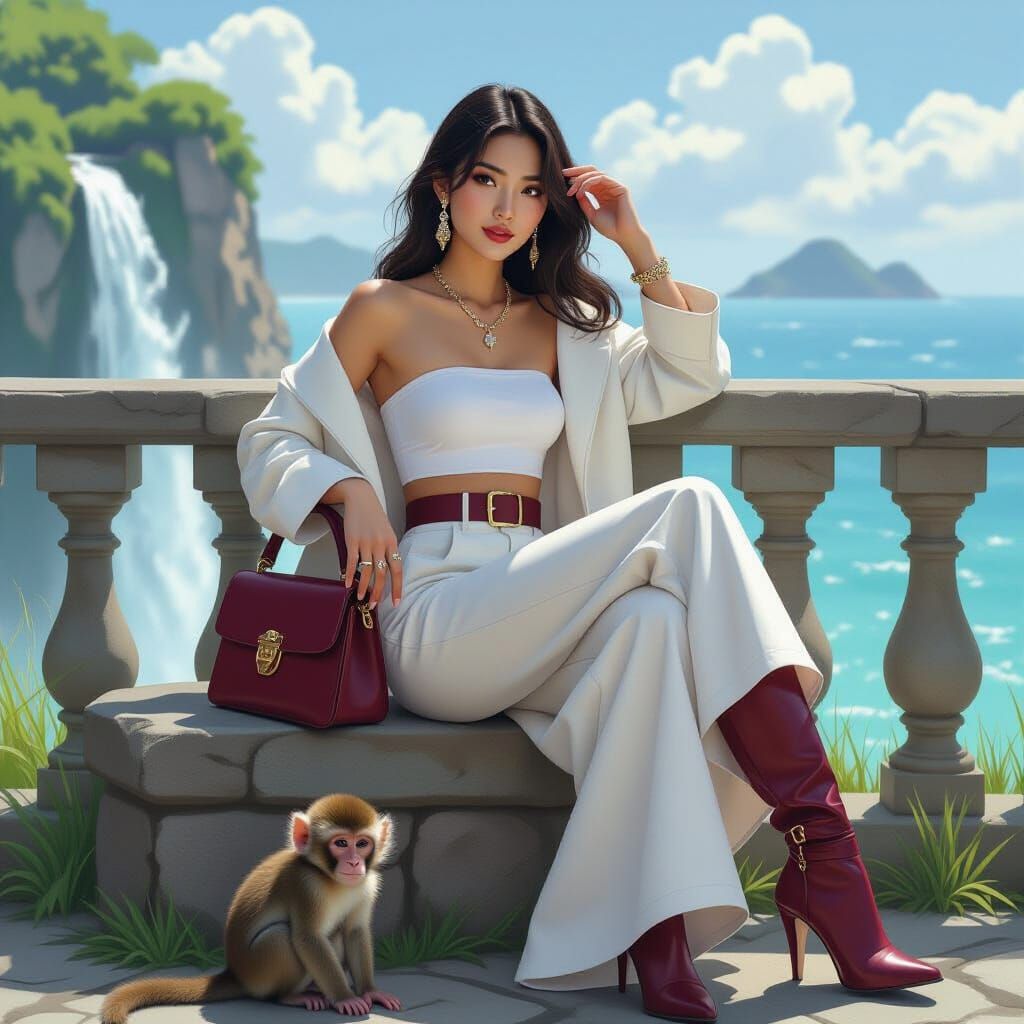Woman with Monkey at Waterfall in Realistic Style
