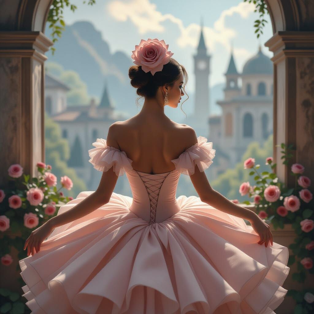 Ballerina in Rose Dress: Digital Matte Painting