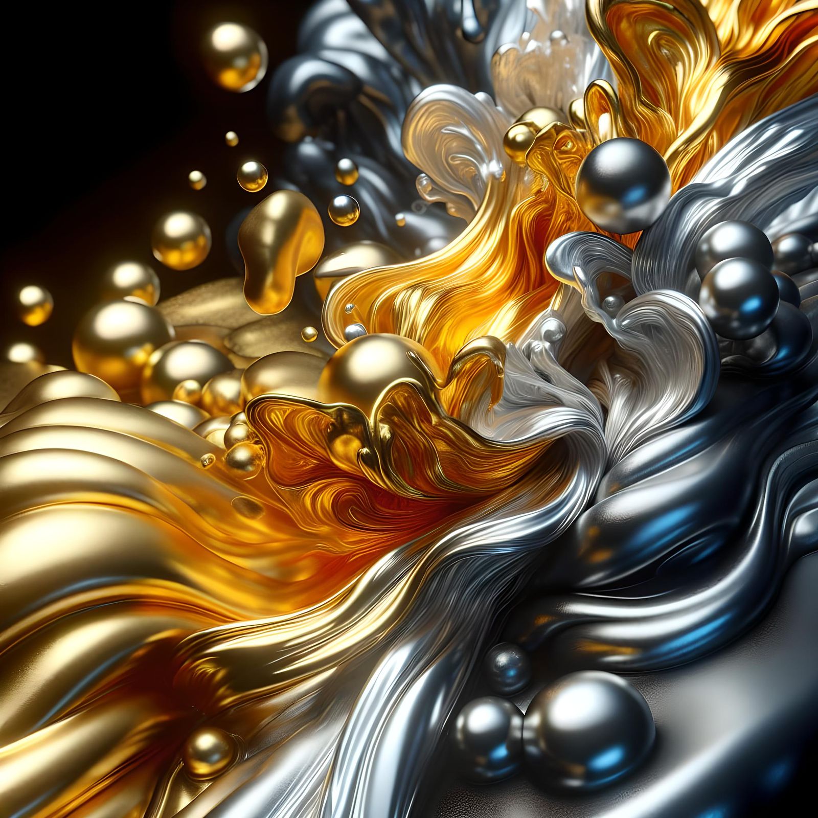 Dynamic Liquid Gold and Silver Abstract Art