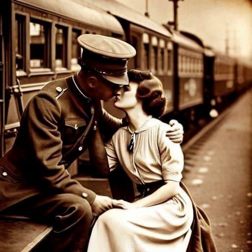 Vintage Sepia Photo: Soldier's Goodbye Kiss