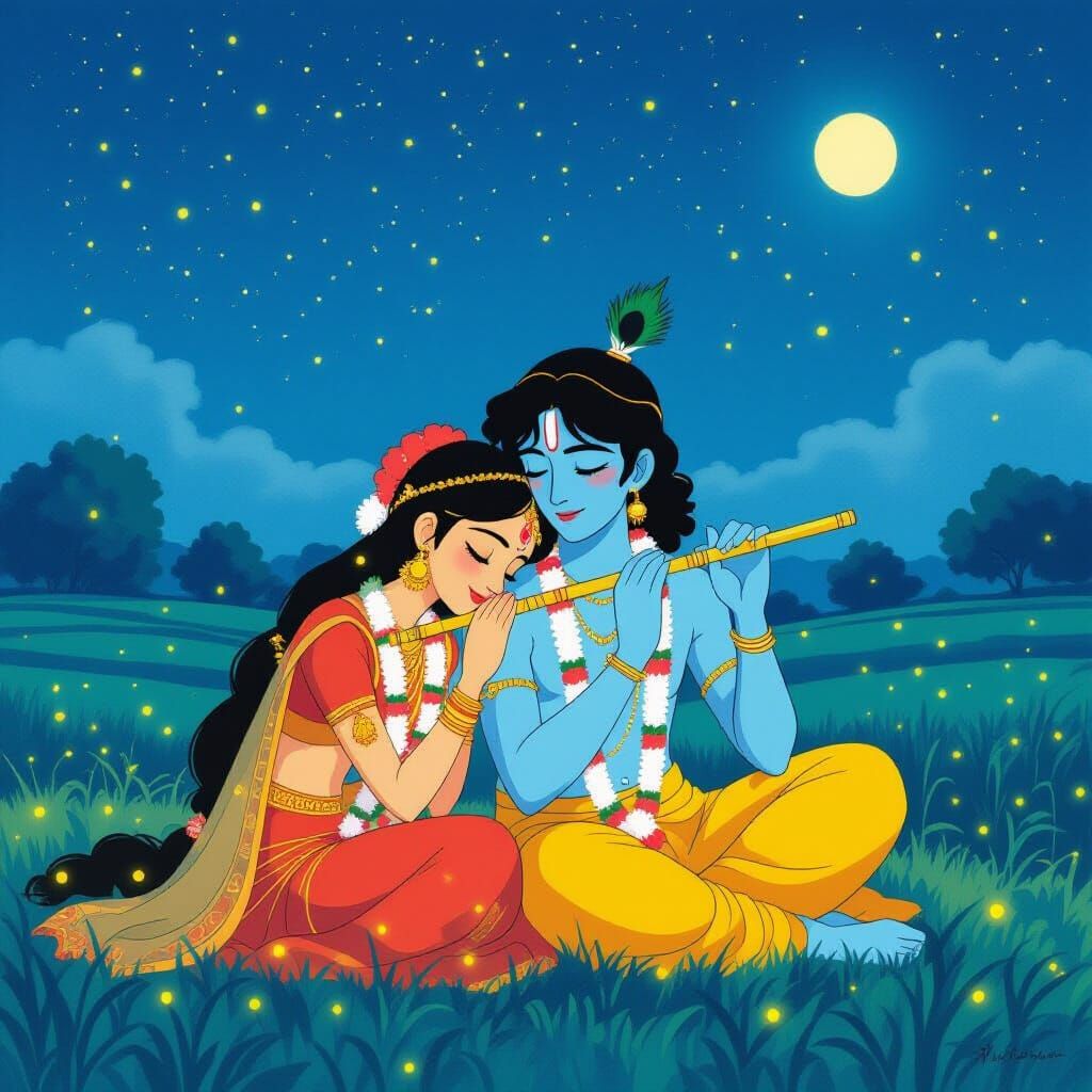 Radha and Krishna: Ghibli-Style Serenity Under Stars