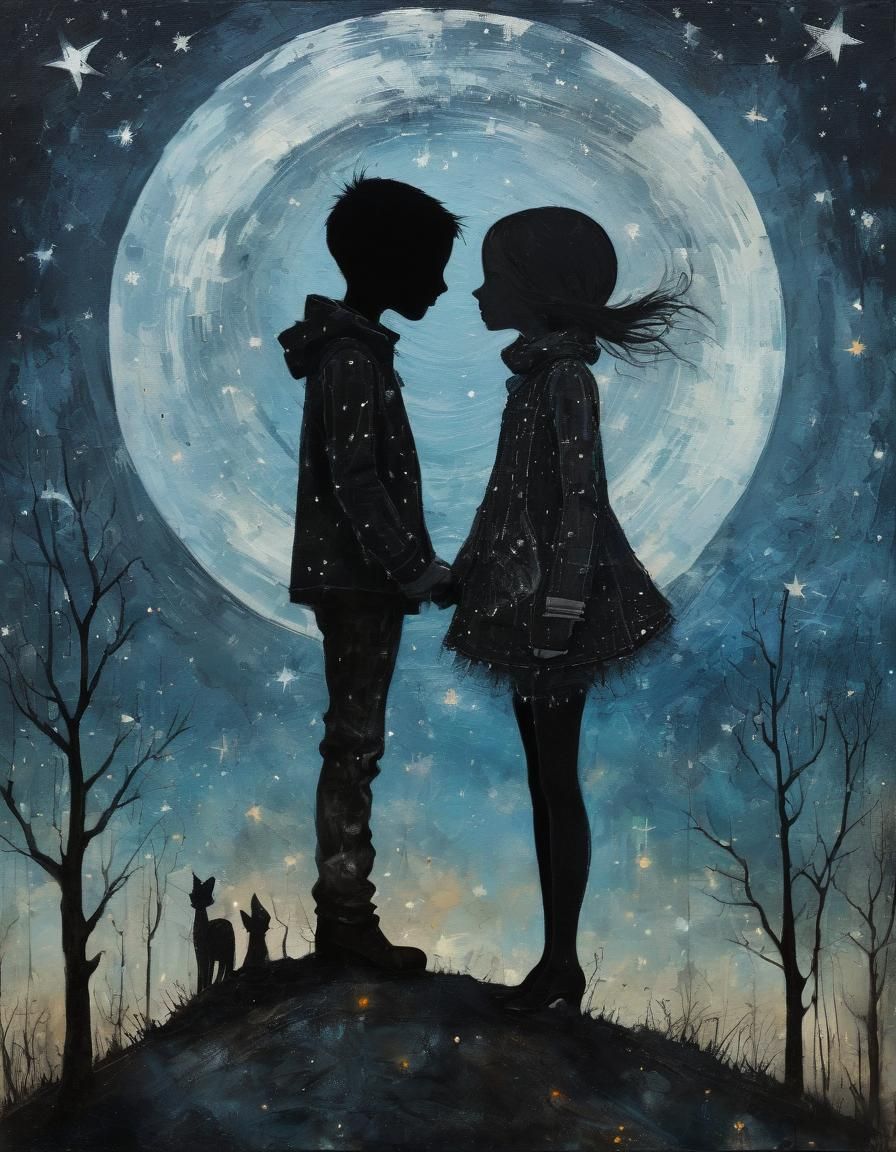 Lovers in Starscape: Impasto Painting in Surreal Style