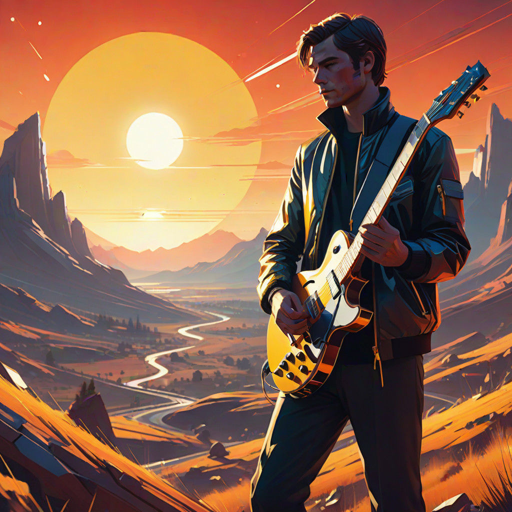 Ethereal Musician in Sunrise Landscape