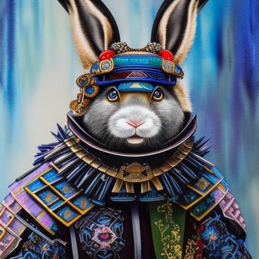Anthropomorphic Samurai Rabbit in Watercolor Style