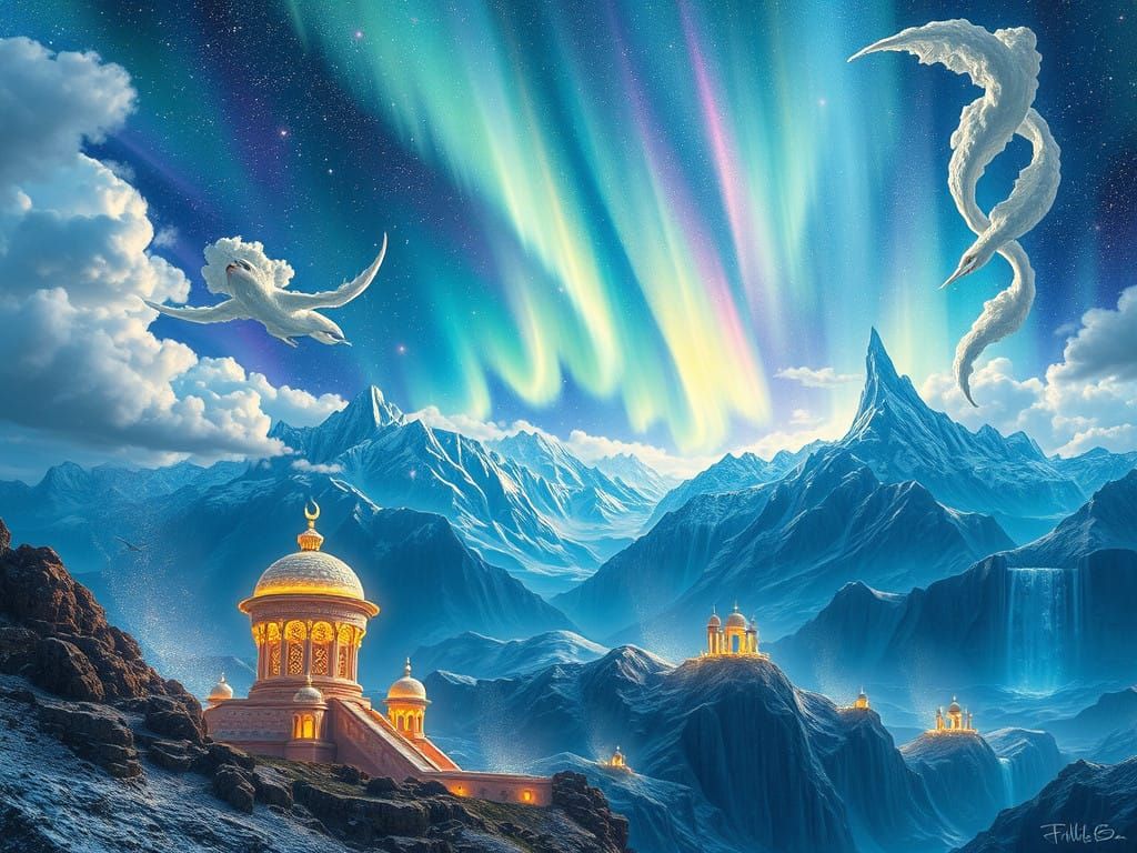 Surreal Dreamscapes with Islamic Patterns and Fantastical Cr...