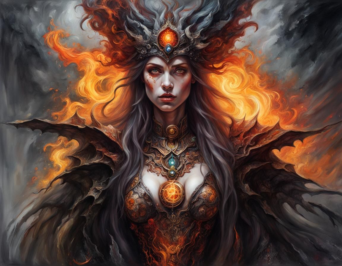Elegant Sorceress Deity Conjuring Fire as Oil Painting