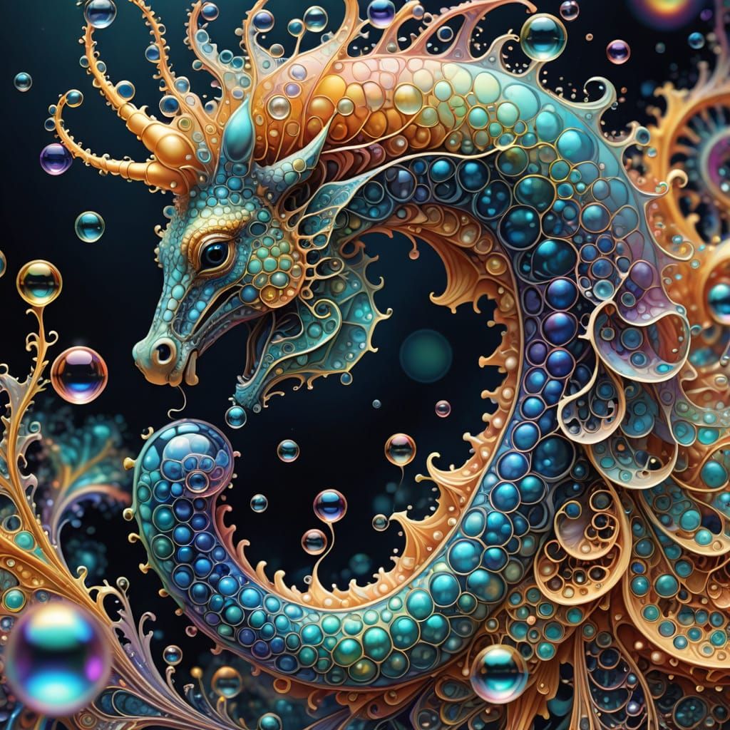 Iridescent Soap Bubble Hippocampus in Fractal Art Style