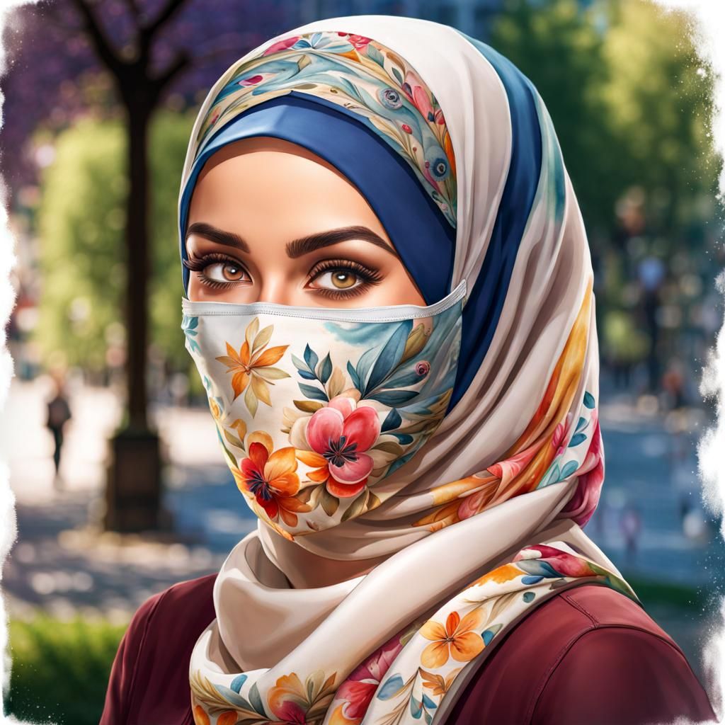Beautiful Hijabi Student in Mask, Detailed Watercolor Portra...