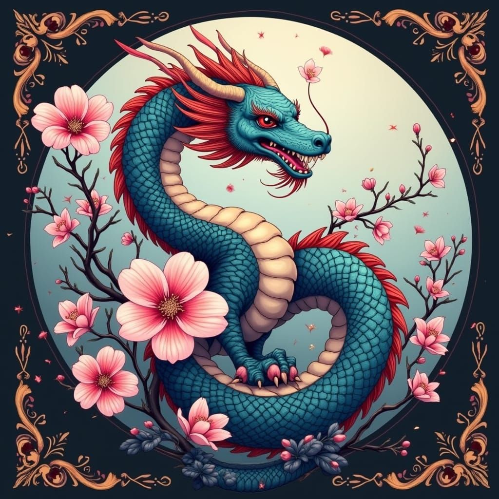 Dragon and Blossoms in Ornate Fantasy Style