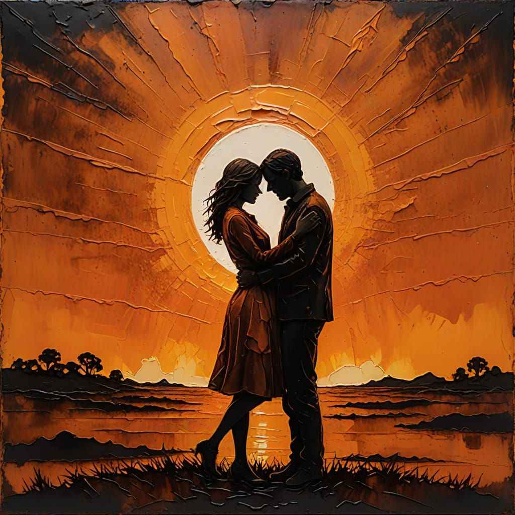 Encaustic Painting of a Couple Embracing at Sunset