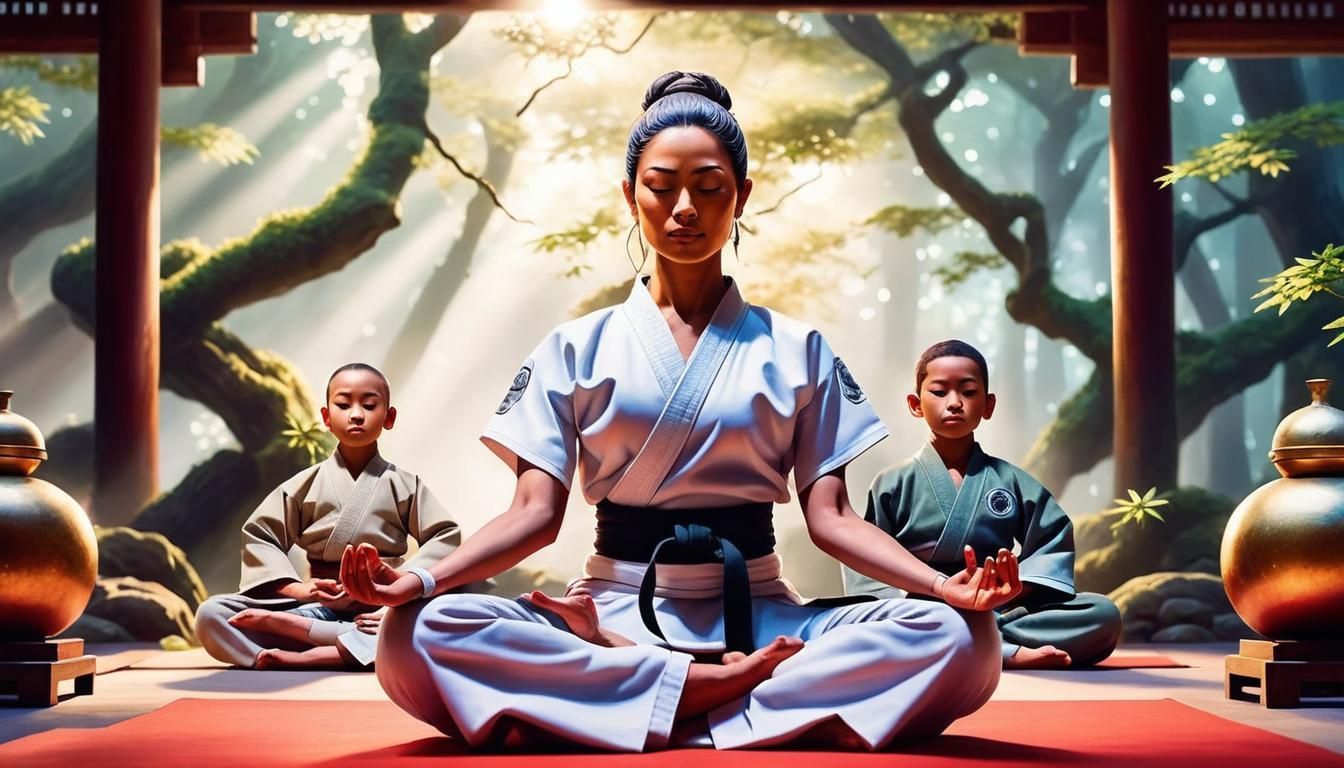 Meditating Mother and Son in Tranquil Scene