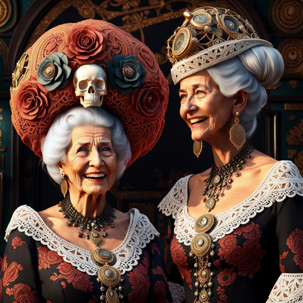 Laughing Ladies with Giant Lace Skull