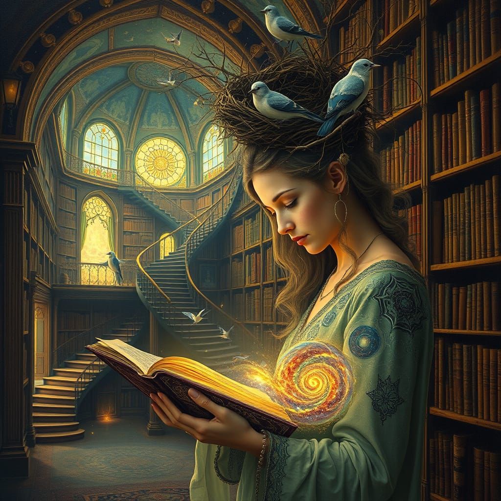 Surreal Library with Woman and Birds, Psychedelic Art