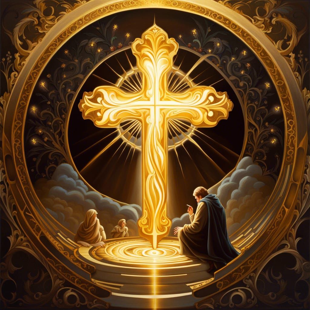 Glowing Cross with Kneeling Figures